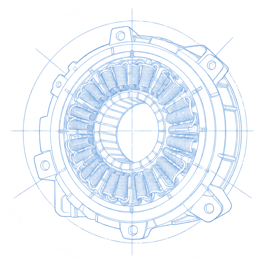 Illustrative engineering line drawing of a motor housing